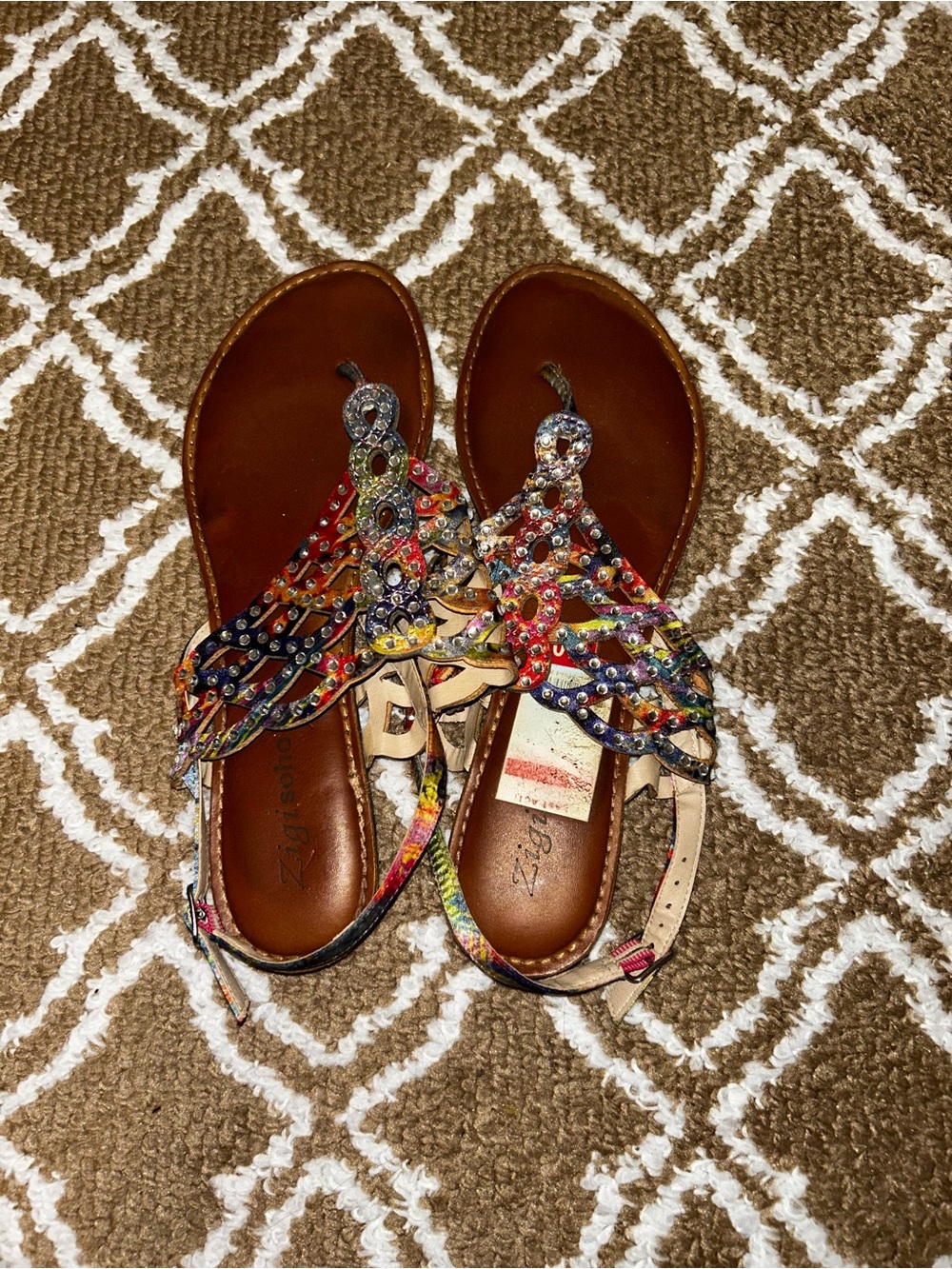 Zigi Soho Multicolor Beaded T-Strap Sandals - Brown Footbed